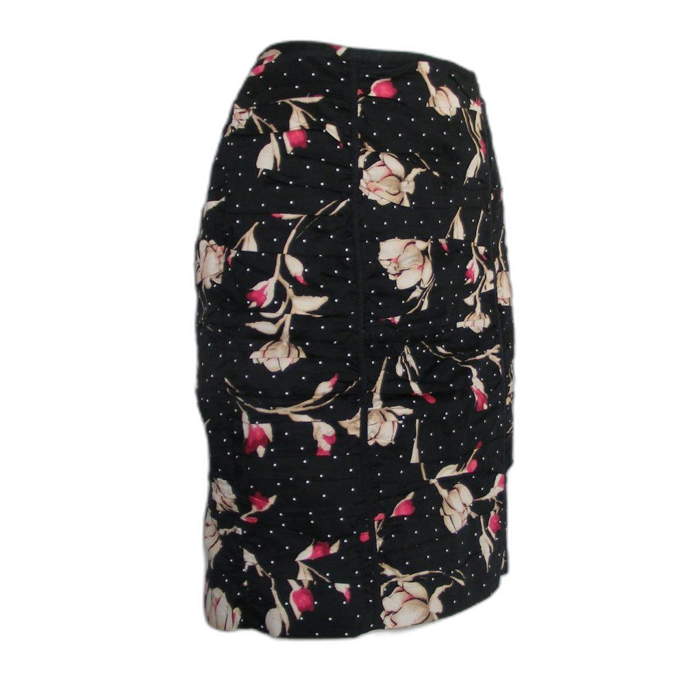 WHBM Skirt, 8, Black/Tan & Pink Floral/White Polka Dots, Ruched, Romantic,wiggle - Picture 2 of 10